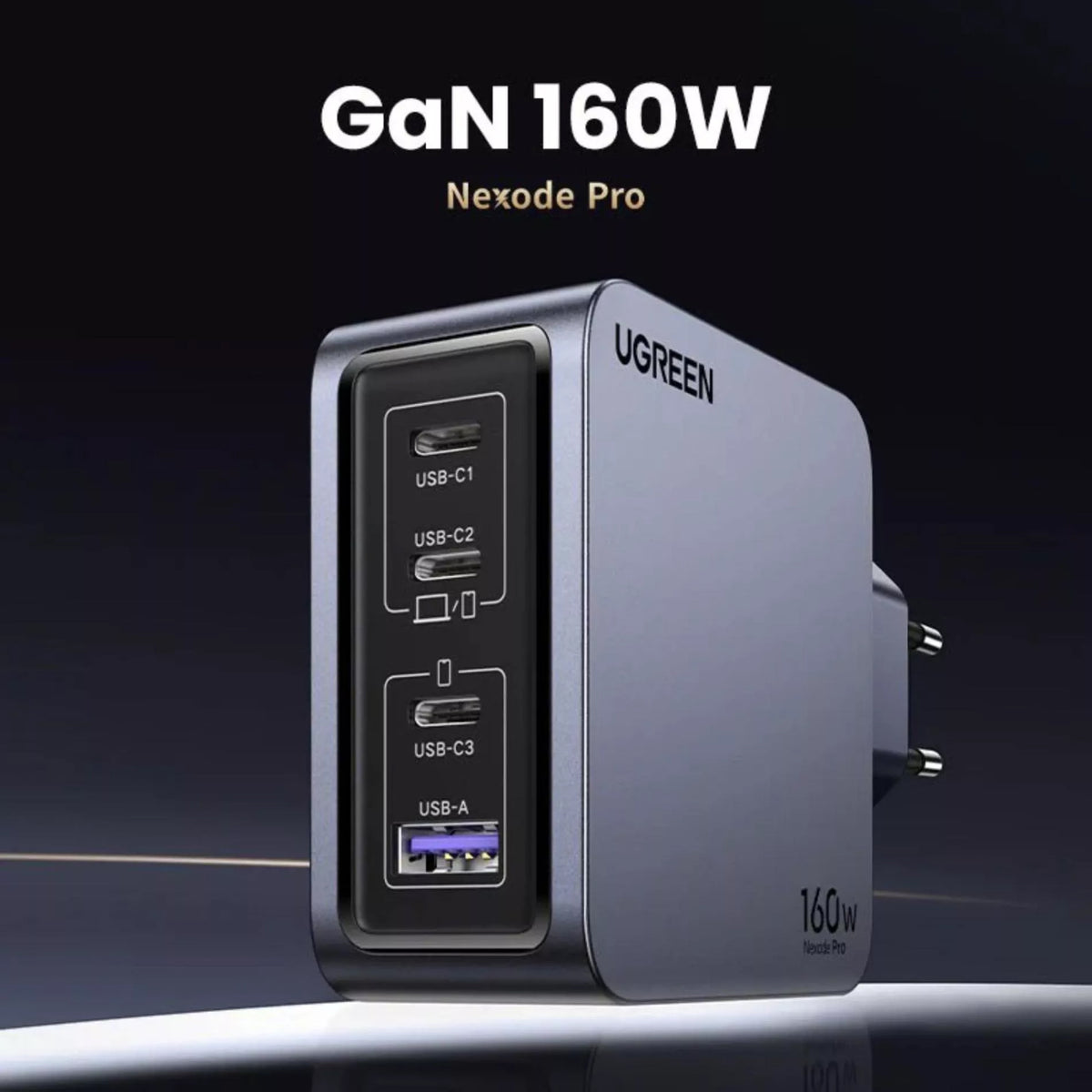 UGREEN X763 Nexode Pro Network Charger with USB-C Cable, 160W, 3.25A, 1 x USB-A - 3 x USB-C, Grey