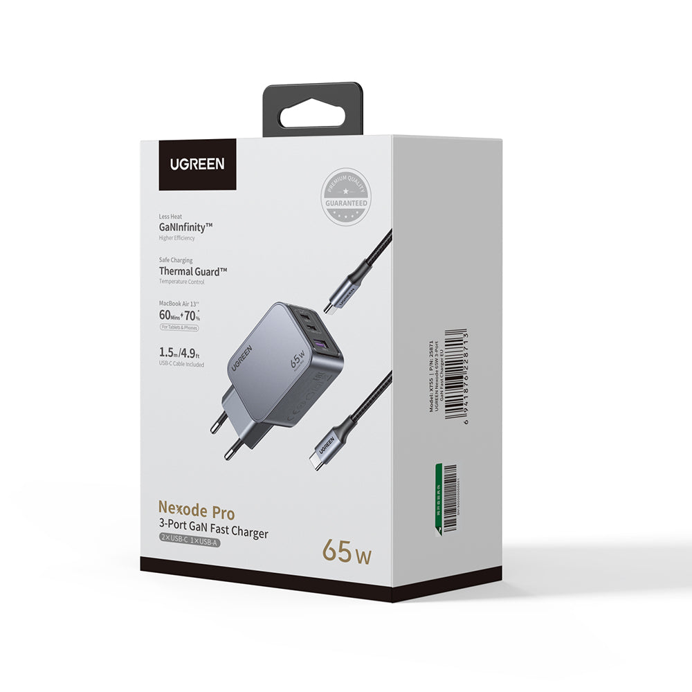 Nätverksladdare med USB-C-kabel UGREEN X755 Nexode Pro, 65W, 3A, 1 x USB-A - 2 x USB-C, Grå