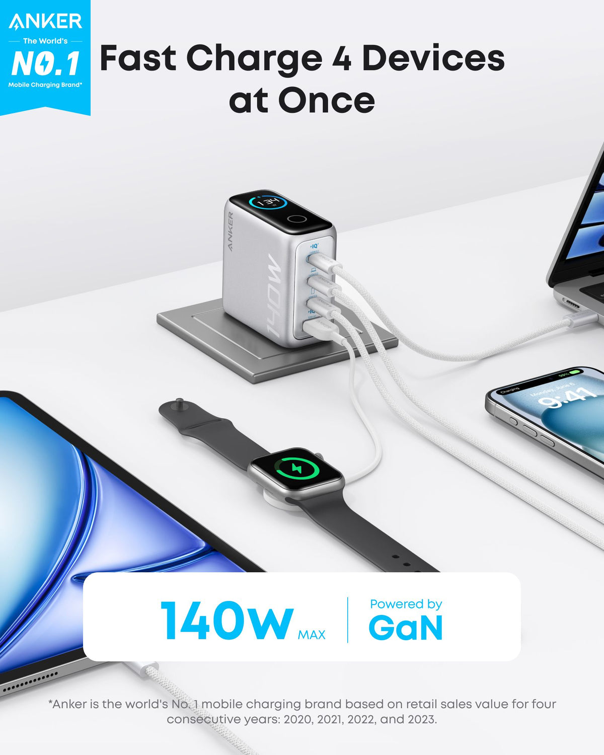 Nätverksladdare med USB-C-kabel Anker Zolo, 140W, 5A, 1 x USB-A - 3 x USB-C, Silver B2697G41