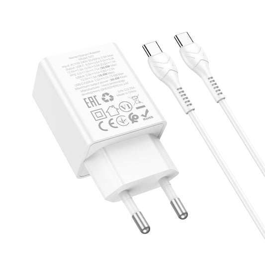 Nätverksladdare med USB-C-kabel HOCO N71, 30W, 3A, 1 x USB-A - 1 x USB-C, Vit