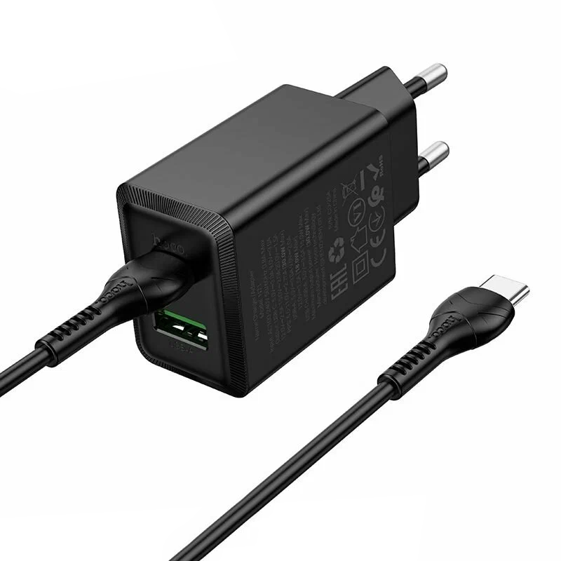 Nätverksladdare med USB-C-kabel HOCO N71, 30W, 3A, 1 x USB-A - 1 x USB-C, Svart