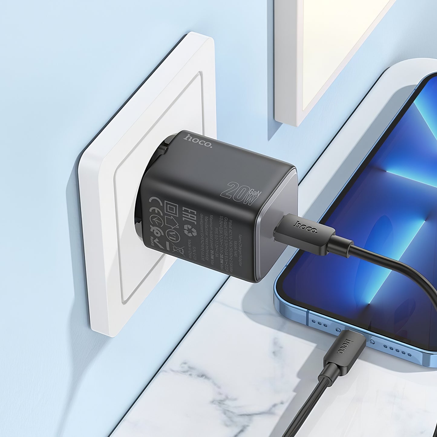 Nätverksladdare med blixtkabel HOCO N40, 20W, 3A, 1 x USB-C, Svart