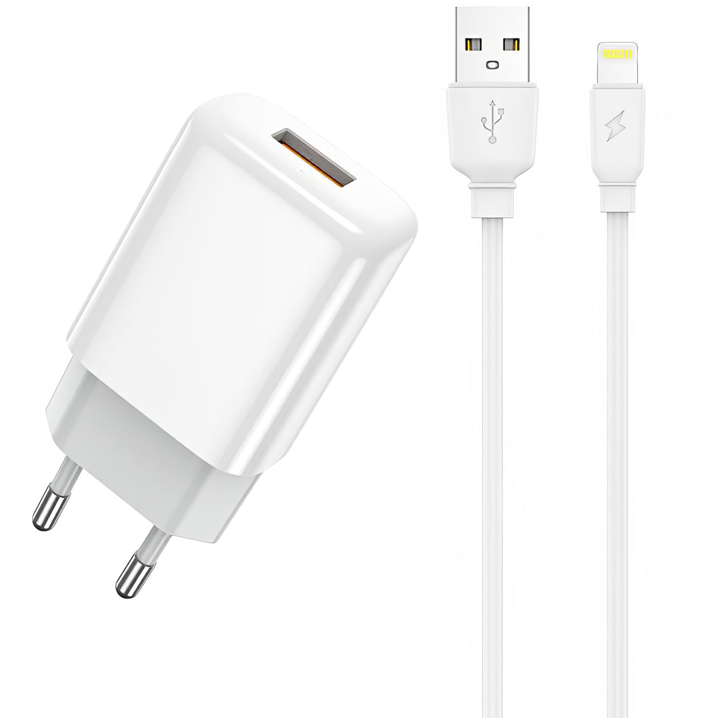 Prestico F7S nätverksladdare med blixtkabel, 12W, 2,4A, 1 x USB-A, vit
