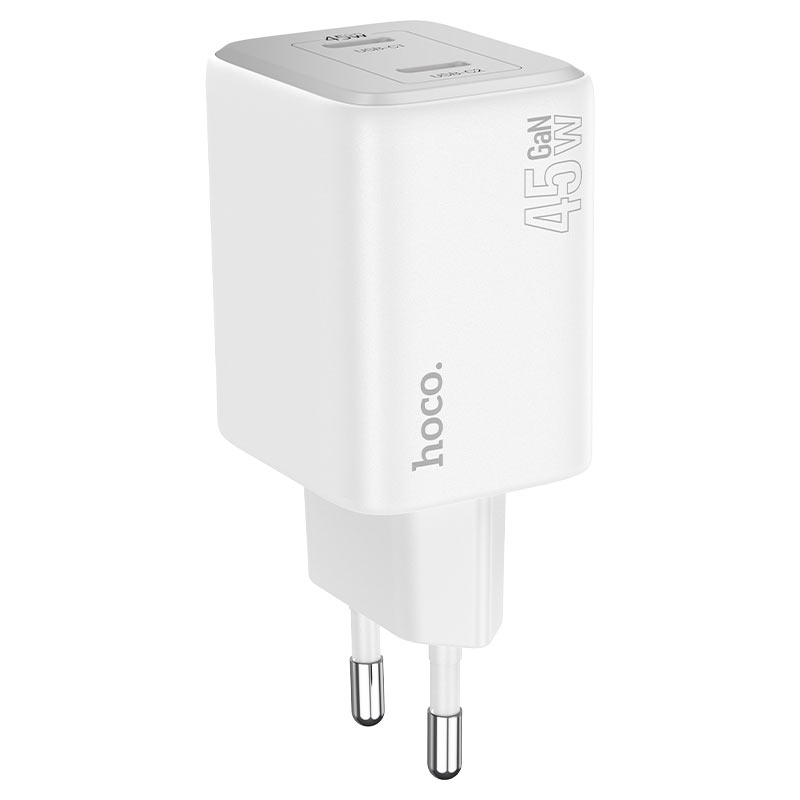 Nätverksladdare med blixtkabel HOCO N42, 45W, 3A, 2 x USB-C, vit
