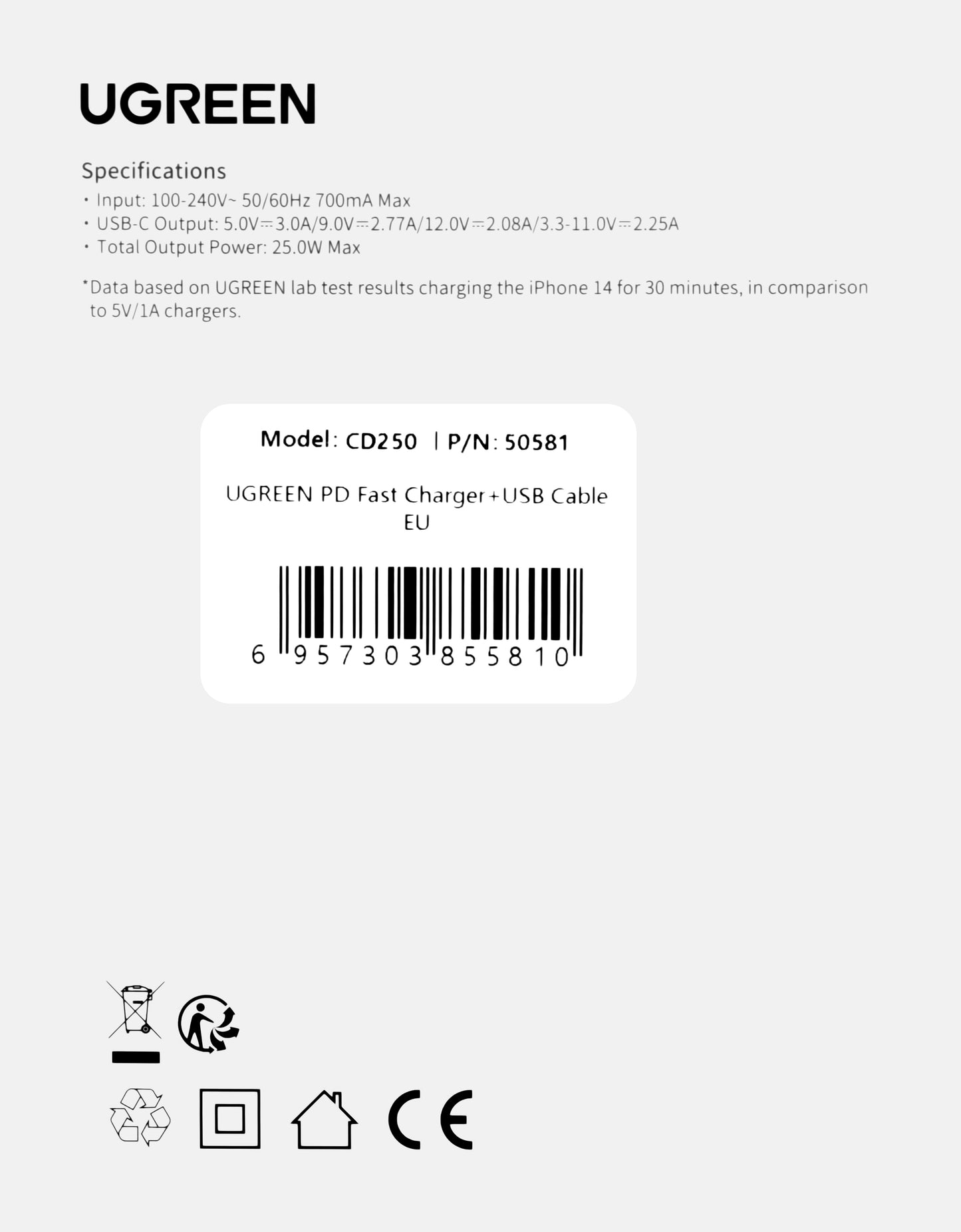 UGREEN CD250, 25W, 3A, 1 x USB-C, 1 x USB-C, Svart