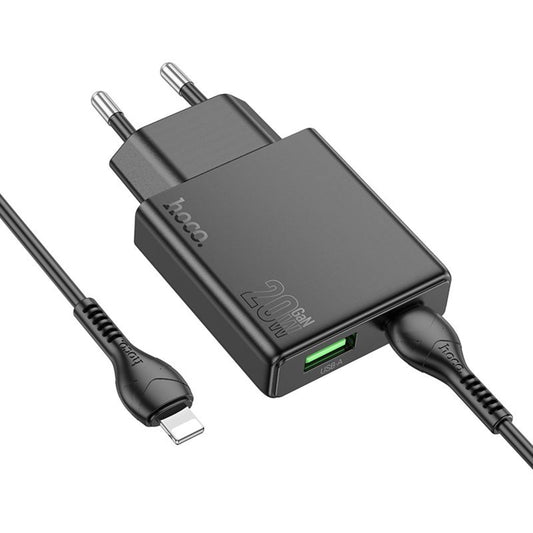 Nätverksladdare med Lightning-kabel HOCO N38, 20W, 3A, 1 x USB-A - 1 x USB-C, Svart