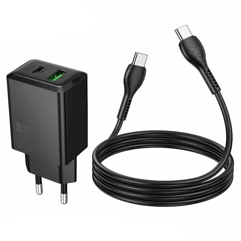 Nätverksladdare med USB-C-kabel HOCO N71, 30W, 3A, 1 x USB-A - 1 x USB-C, Svart