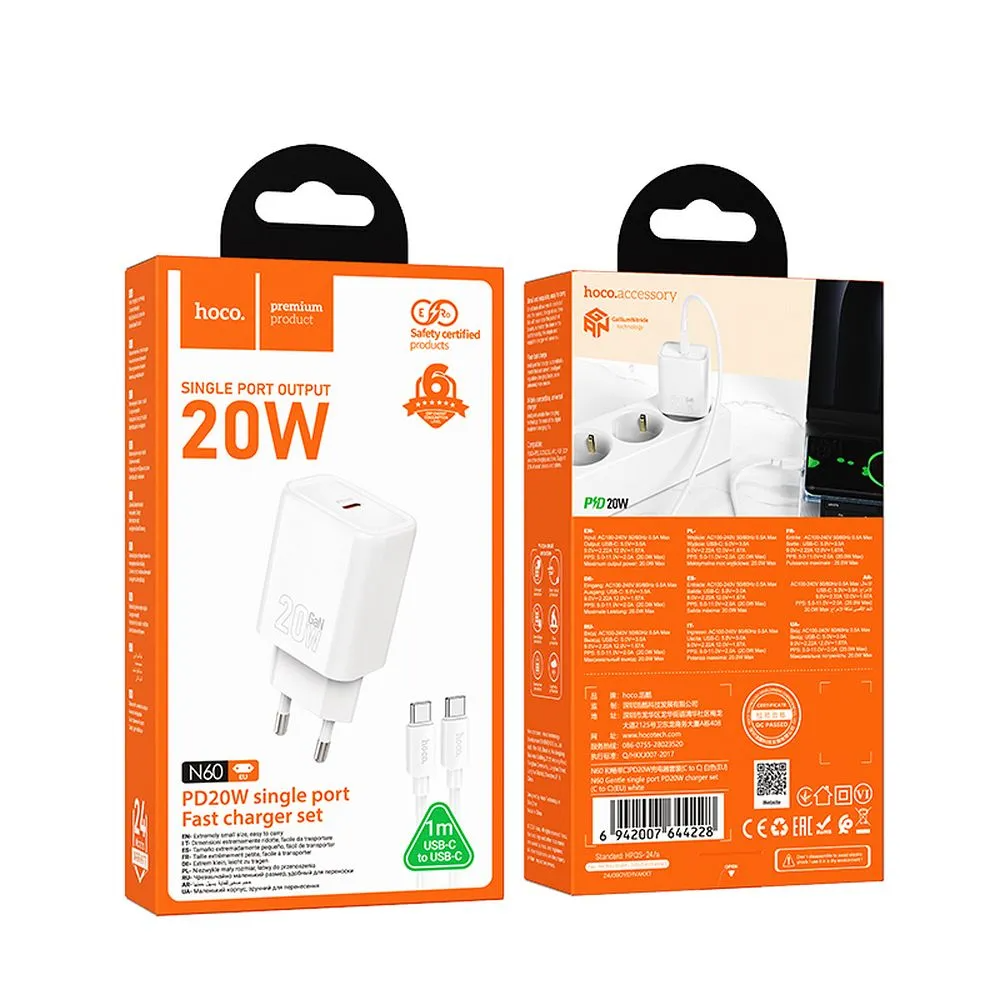 Nätverksladdare med Lightning-kabel HOCO N60, 20W, 3A, 1 x USB-C, Vit