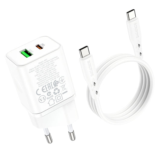 Nätverksladdare med USB-C-kabel Borofone BN7, 20W, 3A, 1 x USB-A - 1 x USB-C, vit