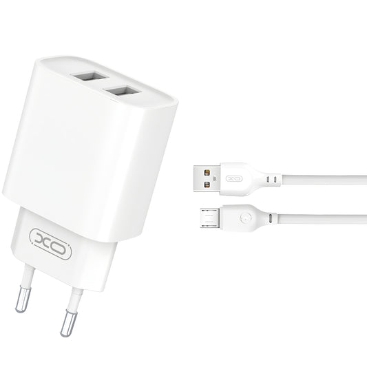 Nätverksladdare med microUSB-kabel XO Design CE02C, 10,5W, 2,1A, 2 x USB-A, Vit