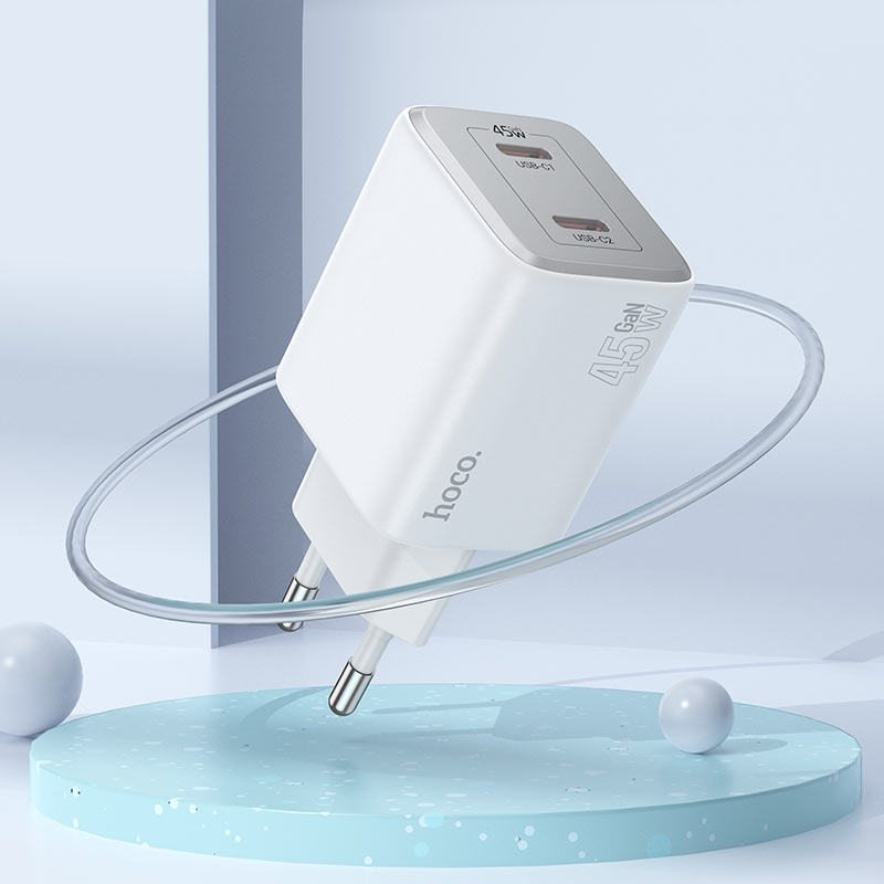 Nätverksladdare med blixtkabel HOCO N42, 45W, 3A, 2 x USB-C, vit