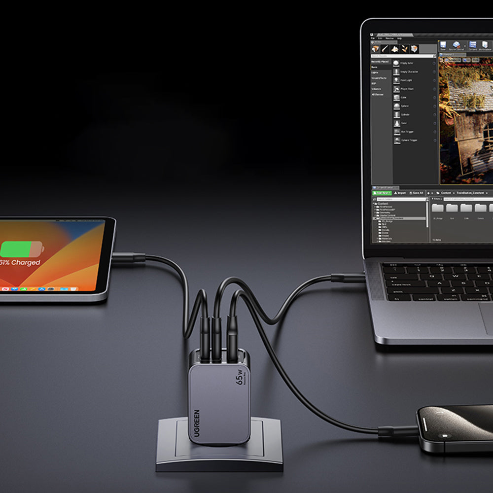 Nätverksladdare med USB-C-kabel UGREEN X755 Nexode Pro, 65W, 3A, 1 x USB-A - 2 x USB-C, Grå