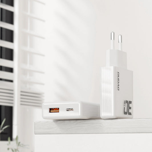 Dudao A30EUT USB-C-kabel Nätverksladdare, 30W, 3A, 1 x USB-A - 1 x USB-C, Vit