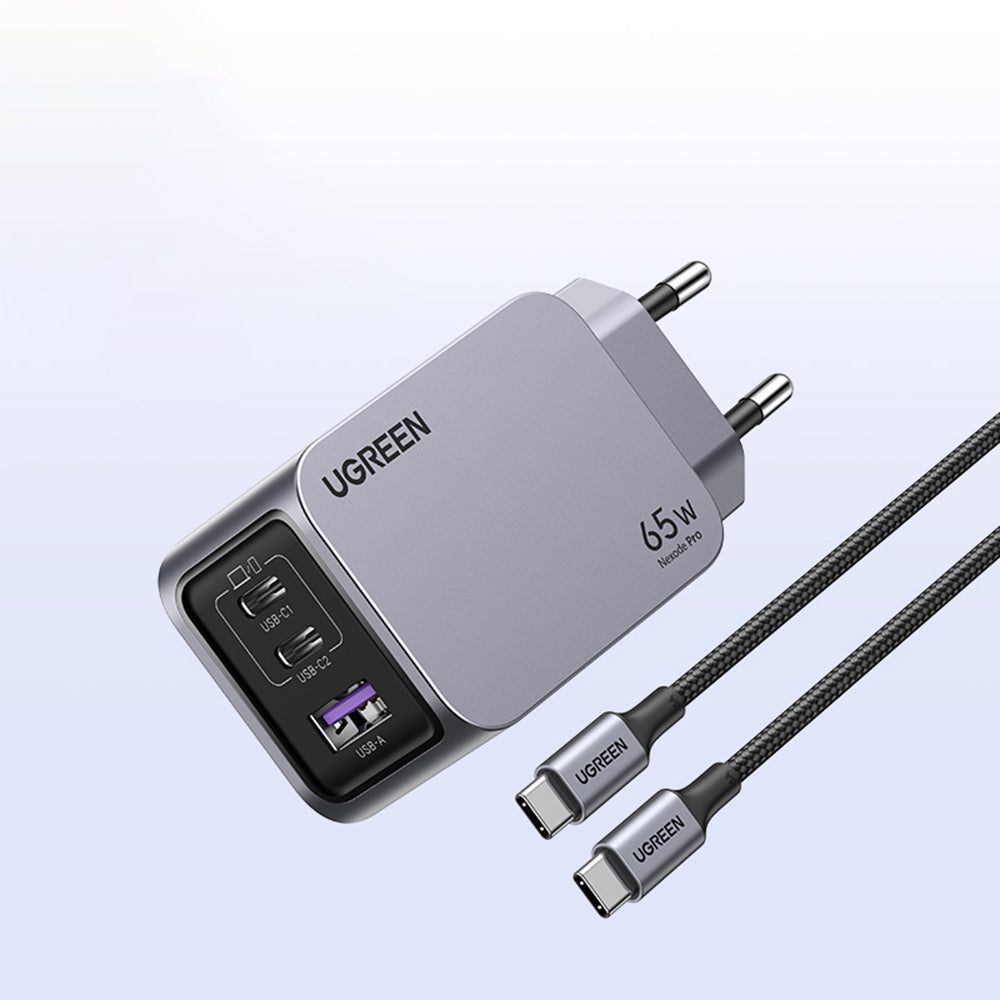 Nätverksladdare med USB-C-kabel UGREEN X755 Nexode Pro, 65W, 3A, 1 x USB-A - 2 x USB-C, Grå