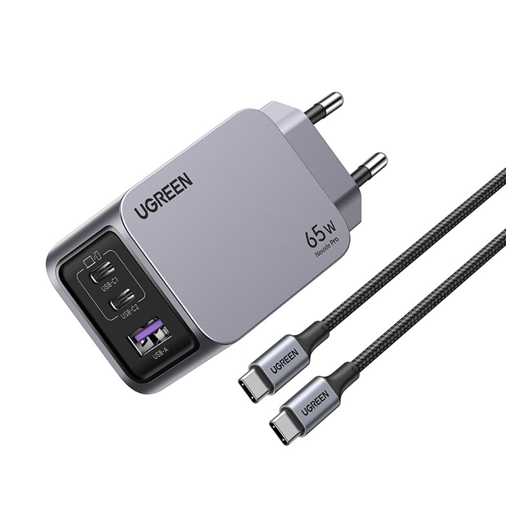 Nätverksladdare med USB-C-kabel UGREEN X755 Nexode Pro, 65W, 3A, 1 x USB-A - 2 x USB-C, Grå