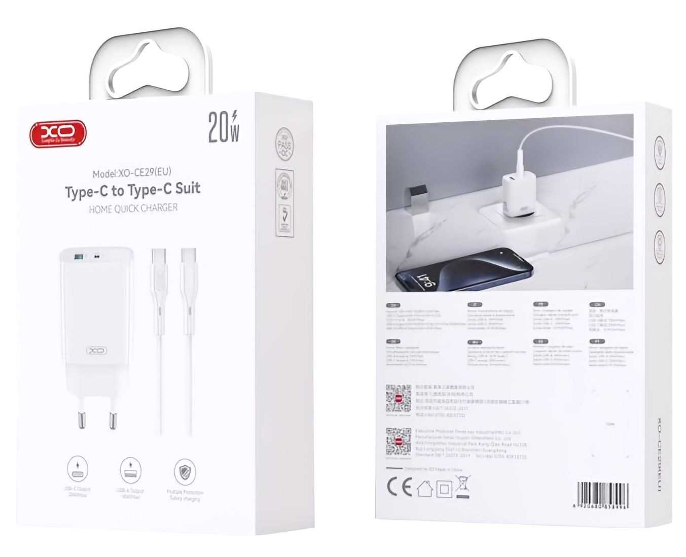 Nätverksladdare med USB-C-kabel XO Design CE29, 20W, 3A, 1 x USB-A - 1 x USB-C, Vit