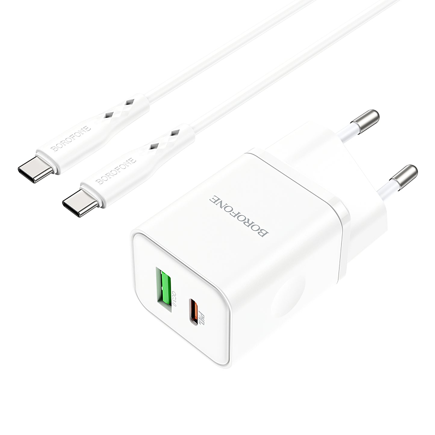 Nätverksladdare med USB-C-kabel Borofone BN7, 20W, 3A, 1 x USB-A - 1 x USB-C, vit