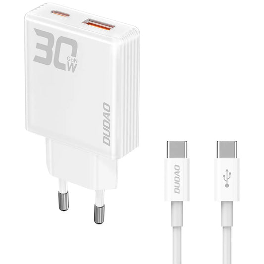 Dudao A30EUT USB-C-kabel Nätverksladdare, 30W, 3A, 1 x USB-A - 1 x USB-C, Vit