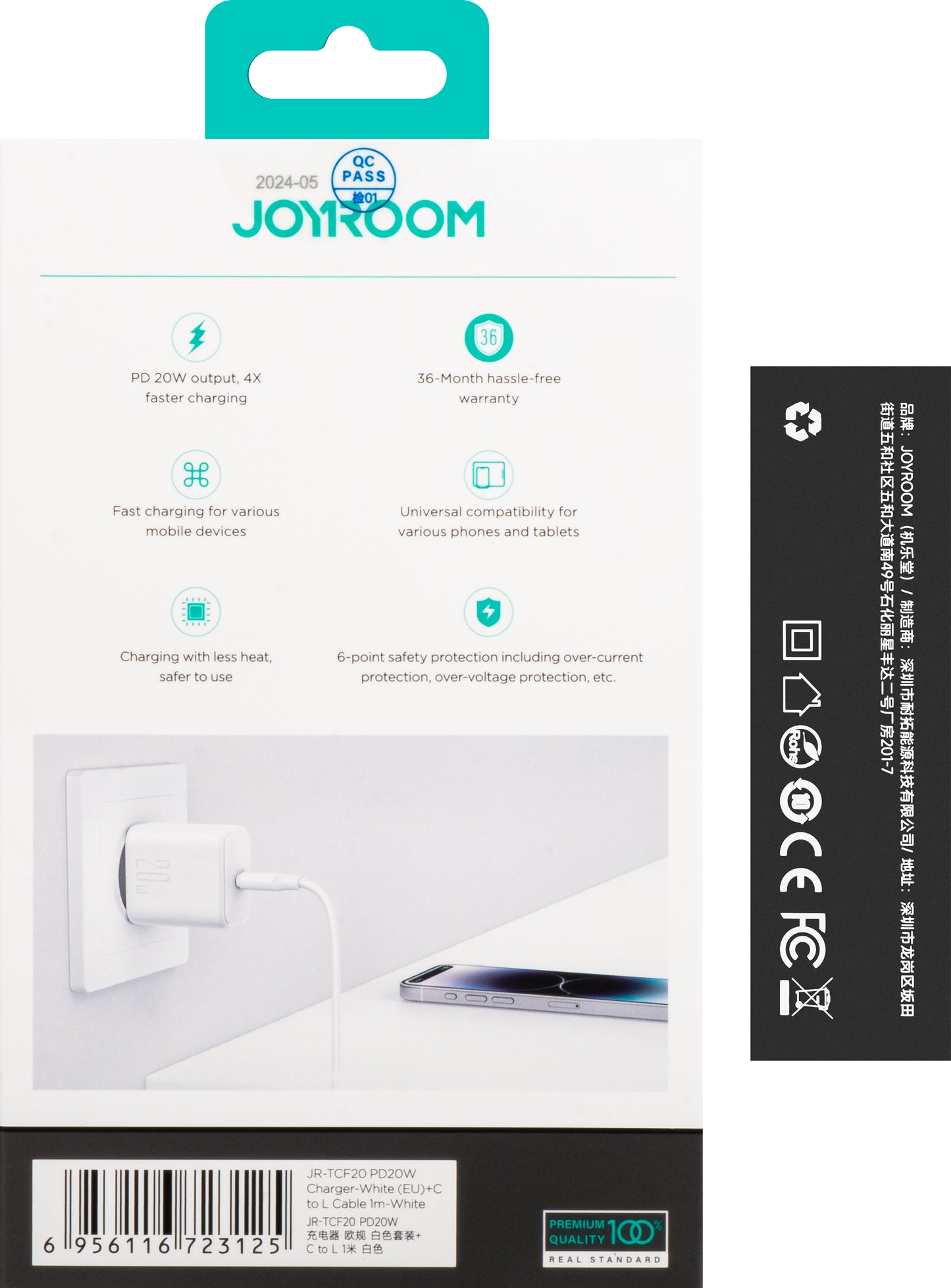 Nätverksladdare med Lightning-kabel Joyroom JR-TCF20, 20W, 3A, 1 x USB-C, Vit