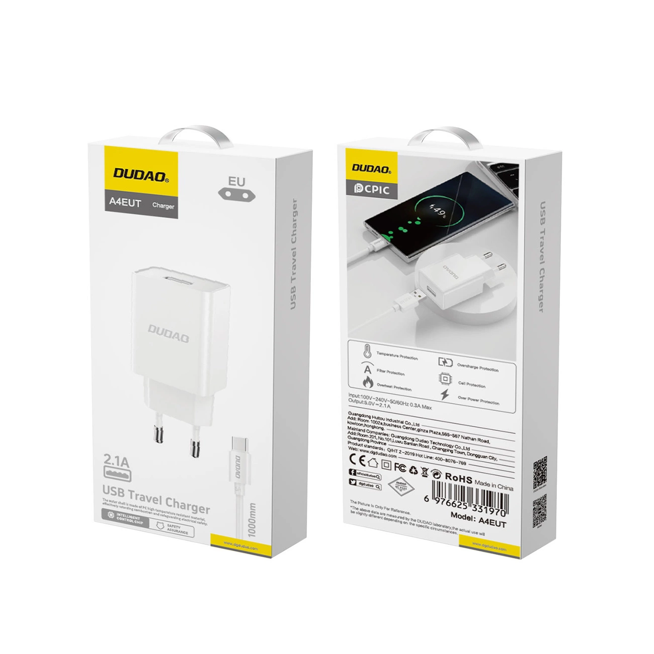 Nätverksladdare med USB-C-kabel Dudao A4EU, 10W, 2.1A, 1 x USB-A, Vit