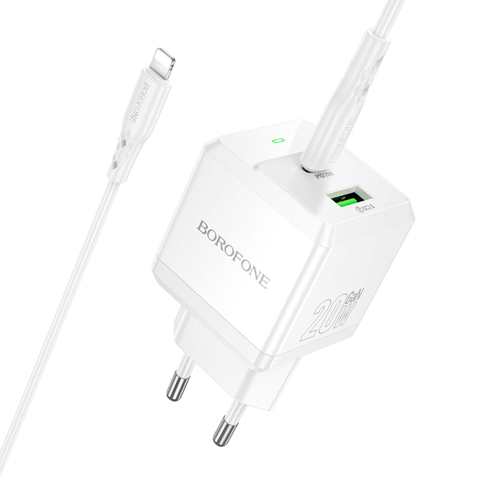 Nätverksladdare med Lightning-kabel Borofone BN19 Intenso, 20W, 3A, 1 x USB-A - 1 x USB-C, Vit
