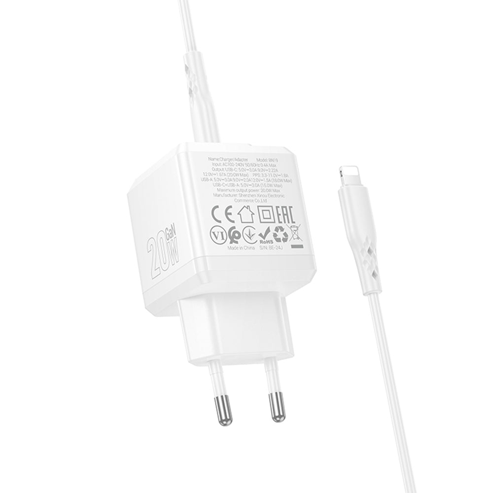 Nätverksladdare med Lightning-kabel Borofone BN19 Intenso, 20W, 3A, 1 x USB-A - 1 x USB-C, Vit