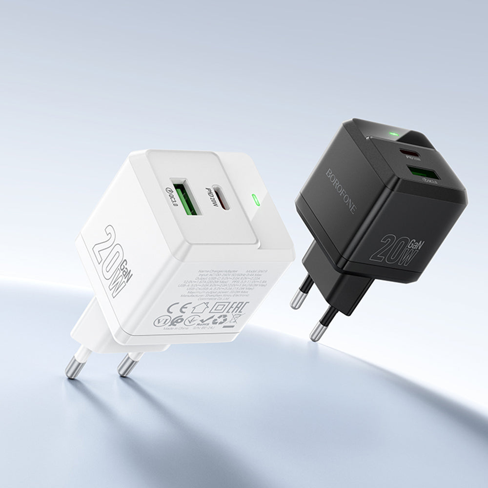 Nätverksladdare med Lightning-kabel Borofone BN19 Intenso, 20W, 3A, 1 x USB-A - 1 x USB-C, Vit