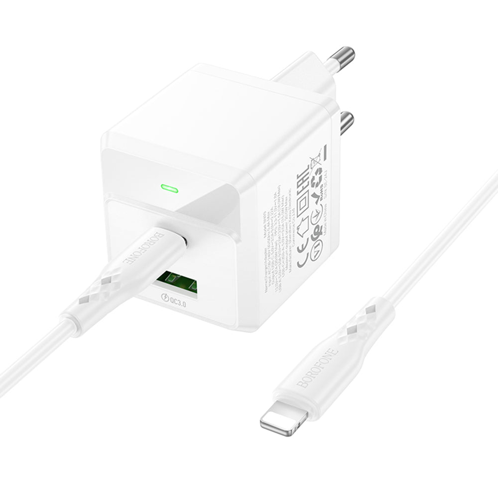 Nätverksladdare med Lightning-kabel Borofone BN19 Intenso, 20W, 3A, 1 x USB-A - 1 x USB-C, Vit