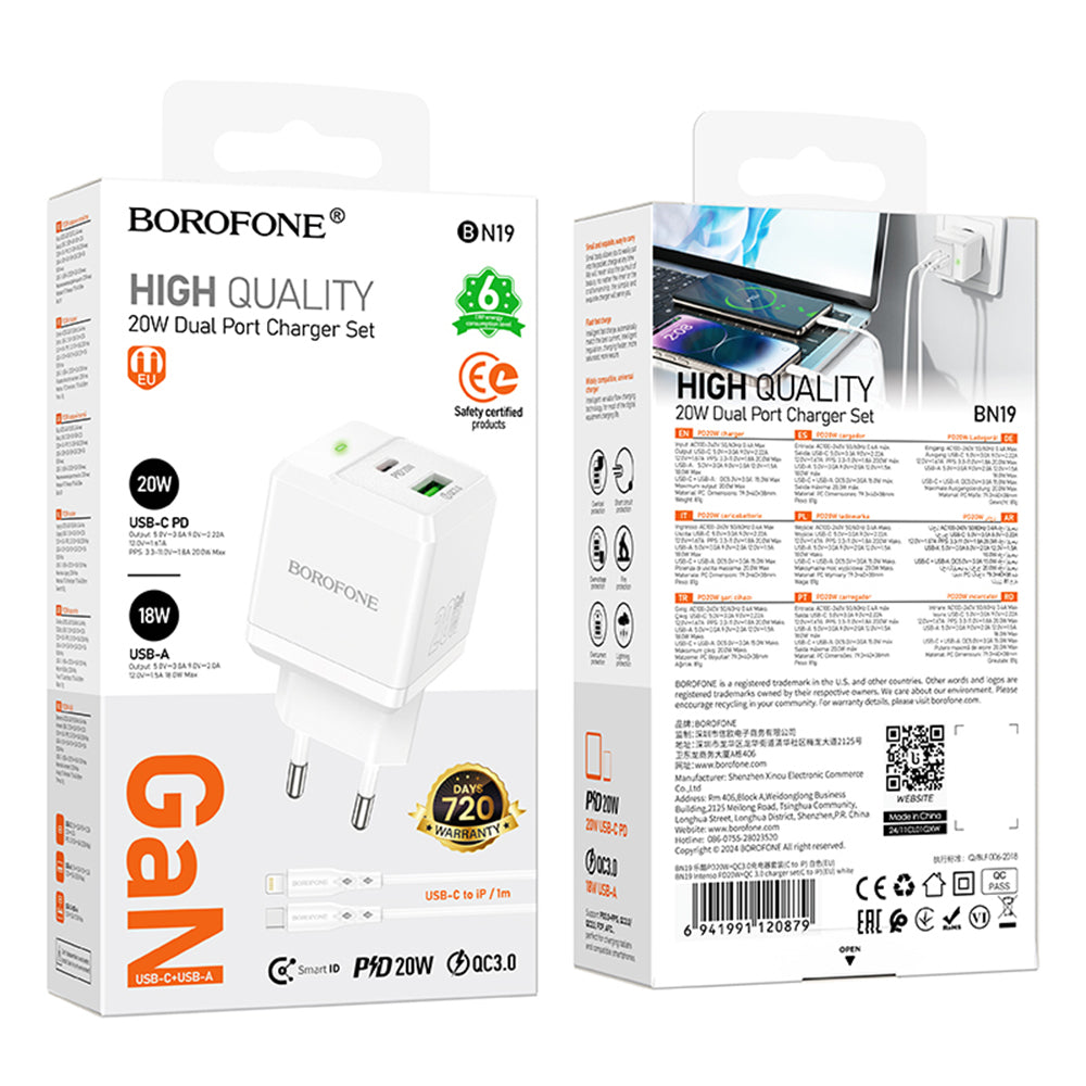 Nätverksladdare med Lightning-kabel Borofone BN19 Intenso, 20W, 3A, 1 x USB-A - 1 x USB-C, Vit