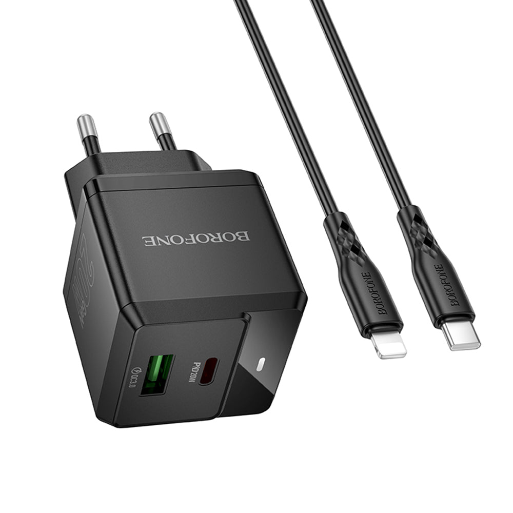 Nätverksladdare med Lightning-kabel Borofone BN19 Intenso, 20W, 3A, 1 x USB-A - 1 x USB-C, Svart