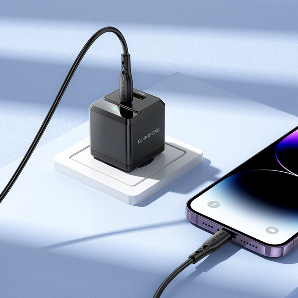 Nätverksladdare med Lightning-kabel Borofone BN19 Intenso, 20W, 3A, 1 x USB-A - 1 x USB-C, Svart
