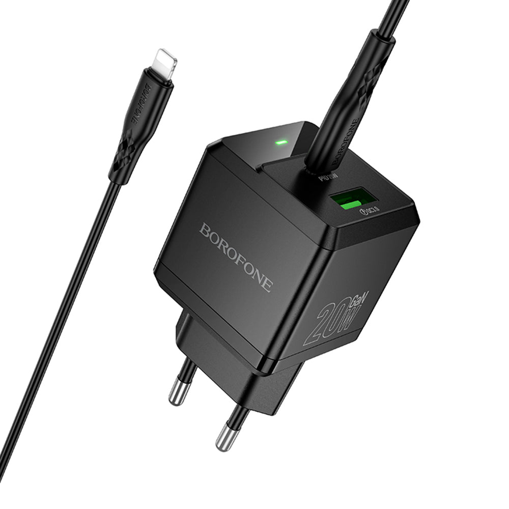 Nätverksladdare med Lightning-kabel Borofone BN19 Intenso, 20W, 3A, 1 x USB-A - 1 x USB-C, Svart