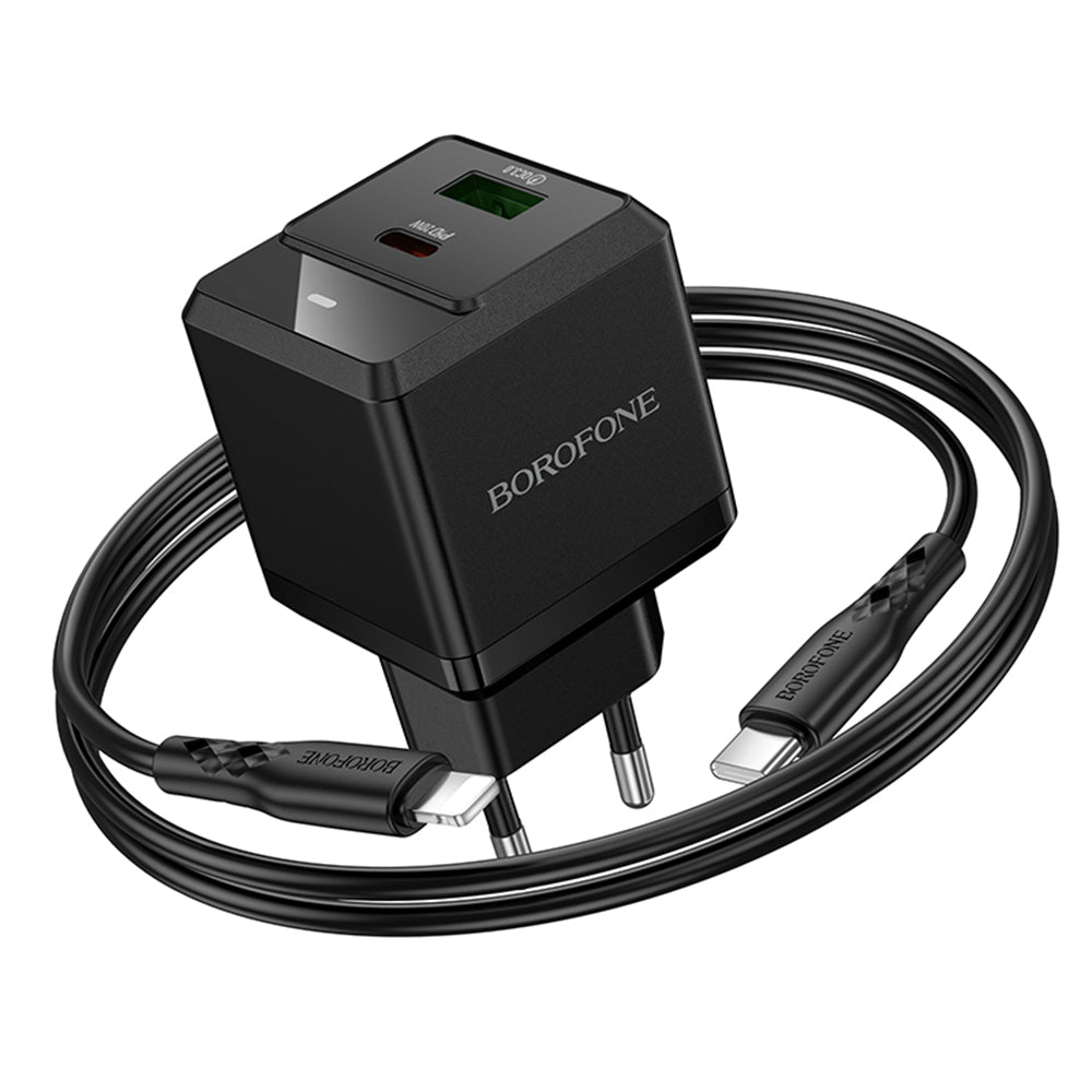 Nätverksladdare med Lightning-kabel Borofone BN19 Intenso, 20W, 3A, 1 x USB-A - 1 x USB-C, Svart