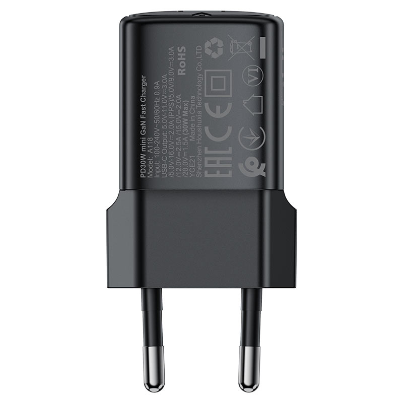 Acefast A118 USB-C Network Charger with Cable, 30W, 3A, 1 x USB-C, Black