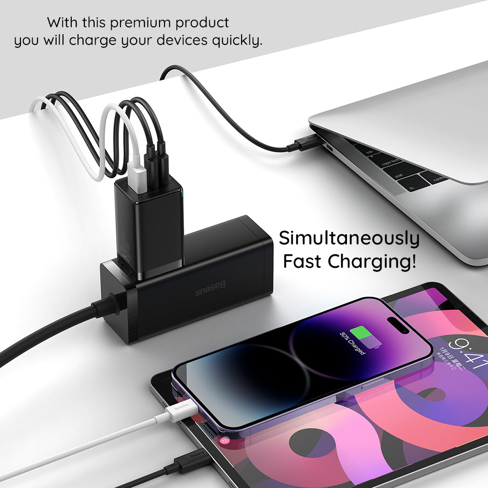 Nätverksladdare med USB-C-kabel Baseus GaN5 Pro, 65W, 3.25A, 1 x USB-A - 2 x USB-C, Svart C0206500