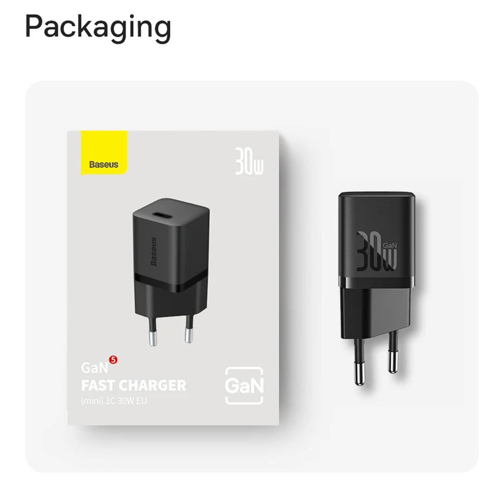Network Charger with USB-C Cable Baseus GaN Mini 1C, 30W, 3A, 1 x USB-C, Blue P10110902313-00
