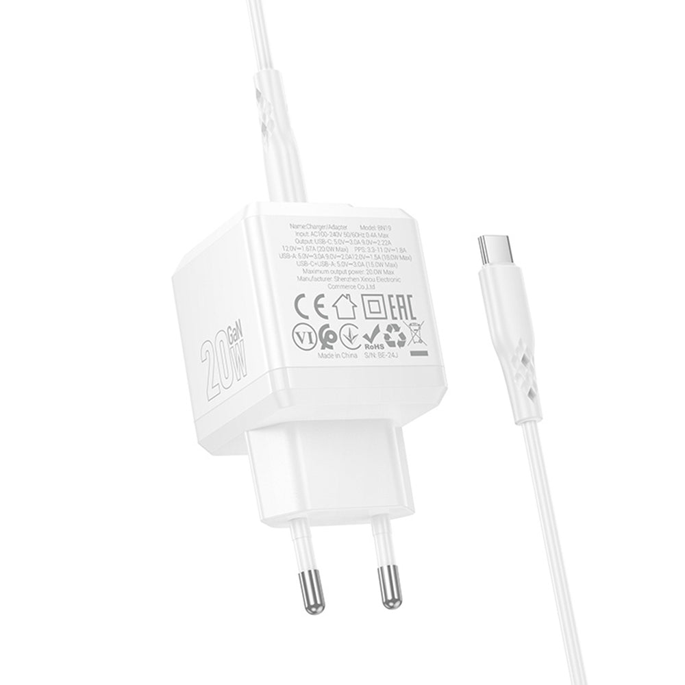 Nätverksladdare med USB-C-kabel Borofone BN19 Intenso, 20W, 3A, 1 x USB-A - 1 x USB-C, Vit