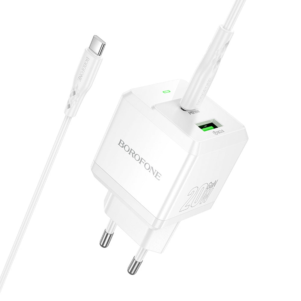 Nätverksladdare med USB-C-kabel Borofone BN19 Intenso, 20W, 3A, 1 x USB-A - 1 x USB-C, Vit