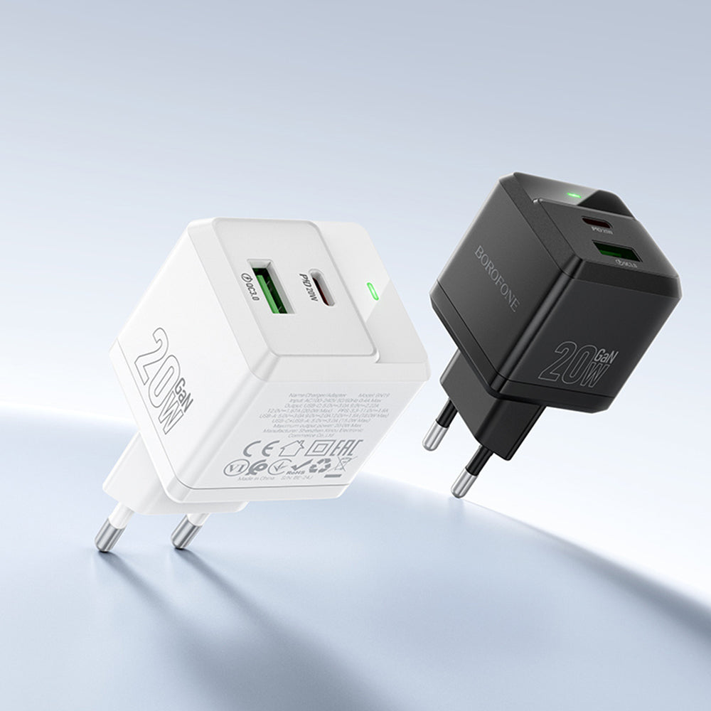 Nätverksladdare med USB-C-kabel Borofone BN19 Intenso, 20W, 3A, 1 x USB-A - 1 x USB-C, Vit