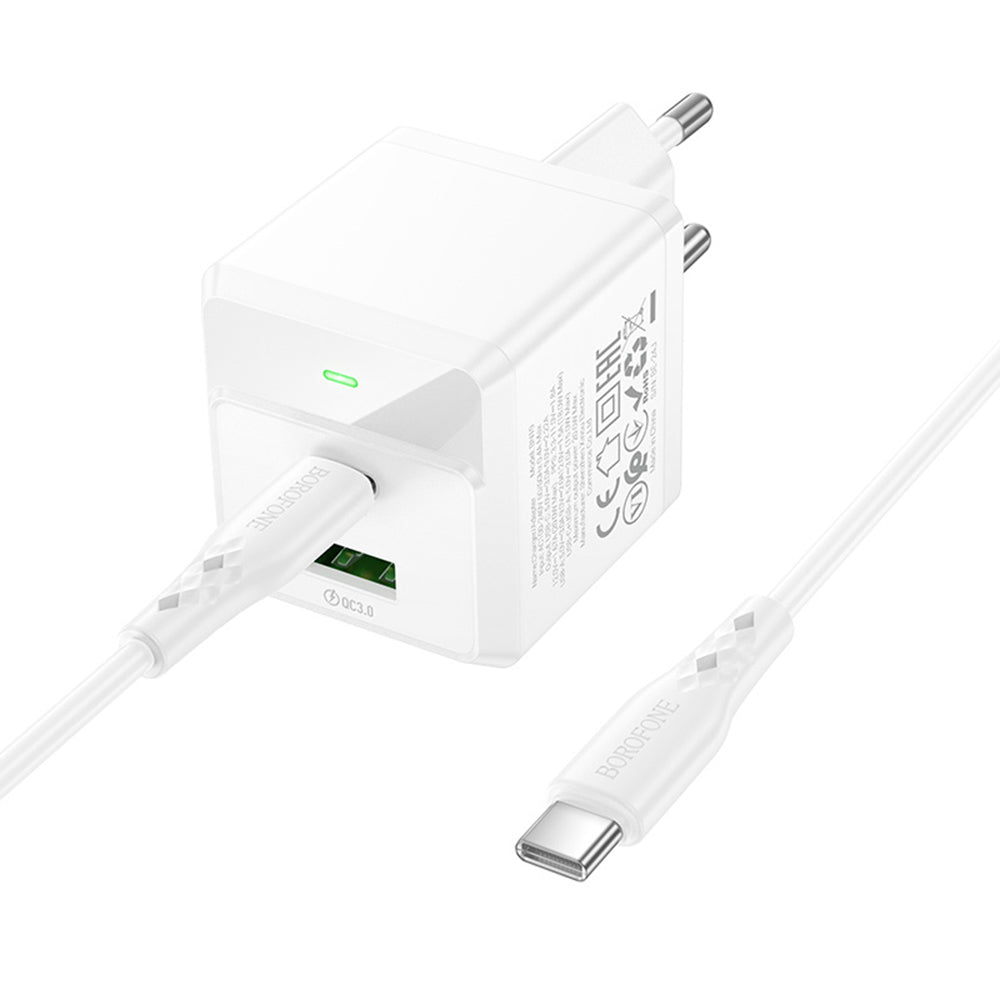 Nätverksladdare med USB-C-kabel Borofone BN19 Intenso, 20W, 3A, 1 x USB-A - 1 x USB-C, Vit