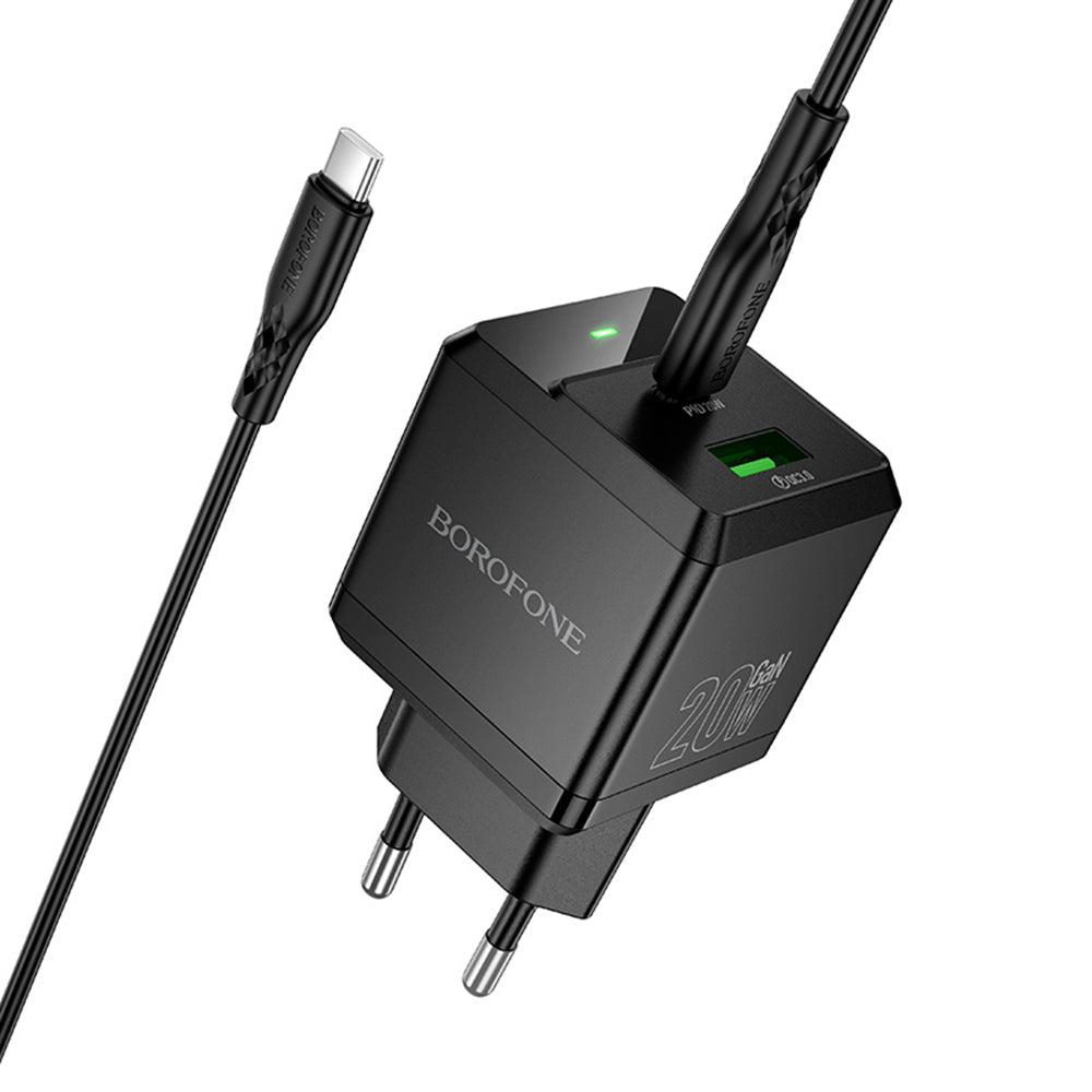 Nätverksladdare med USB-C-kabel Borofone BN19 Intenso, 20W, 3A, 1 x USB-A - 1 x USB-C, Svart