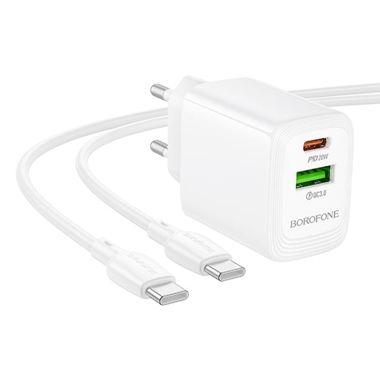 Nätverksladdare med USB-C-kabel Borofone BN27 Fuente, 20W, 3A, 1 x USB-A - 1 x USB-C, Vit