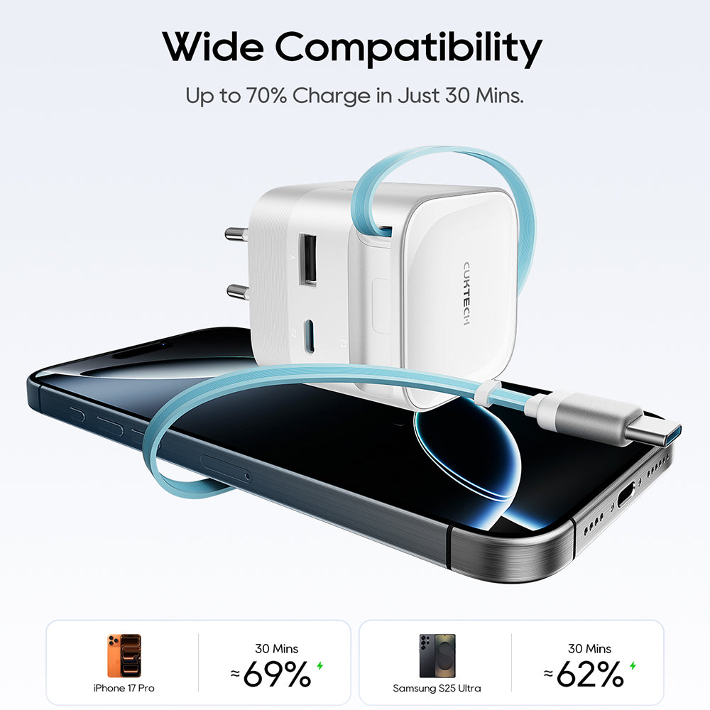 Nätadapter med USB-C-kabel Cuktech, 67W, 3,25A, 1 x USB-A - 1 x USB-C, Vit CUKA653WEUWT