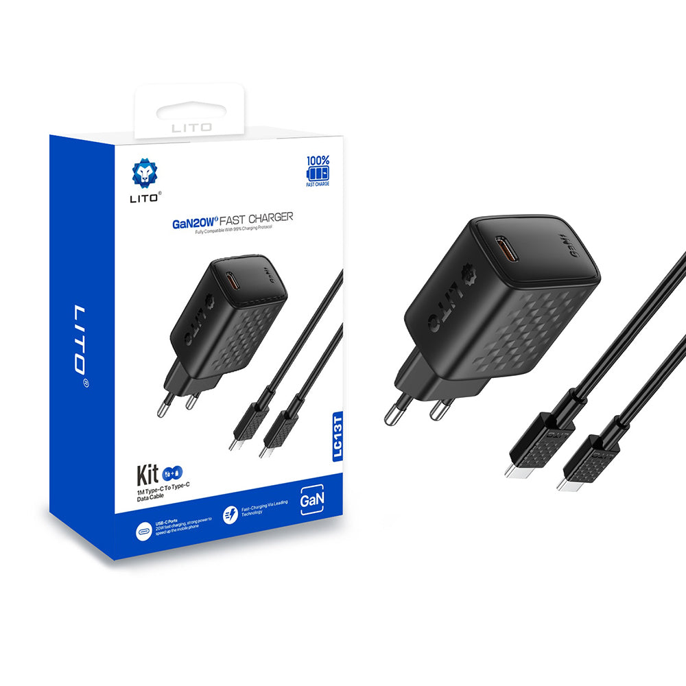 Nätverksladdare med USB-C-kabel Lito LC13T, 20W, 3A, 1 x USB-C, Svart
