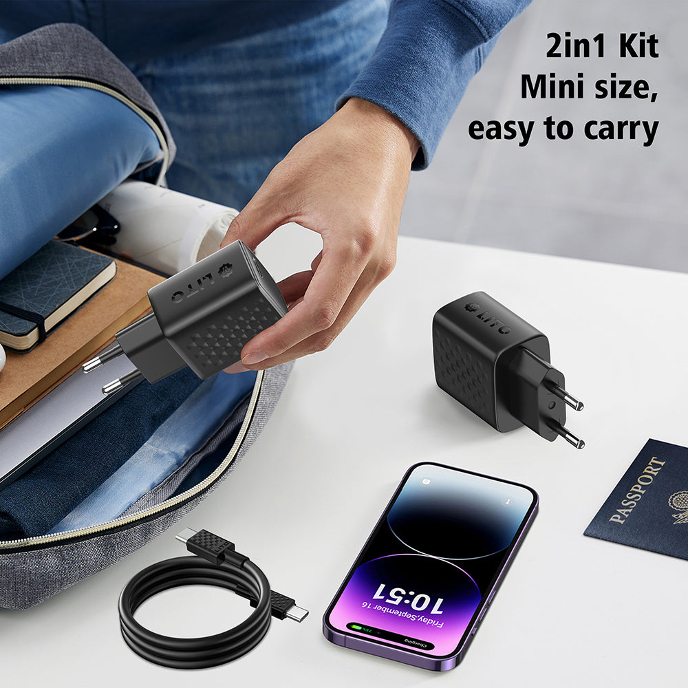 Nätverksladdare med USB-C-kabel Lito LC13T, 20W, 3A, 1 x USB-C, Svart