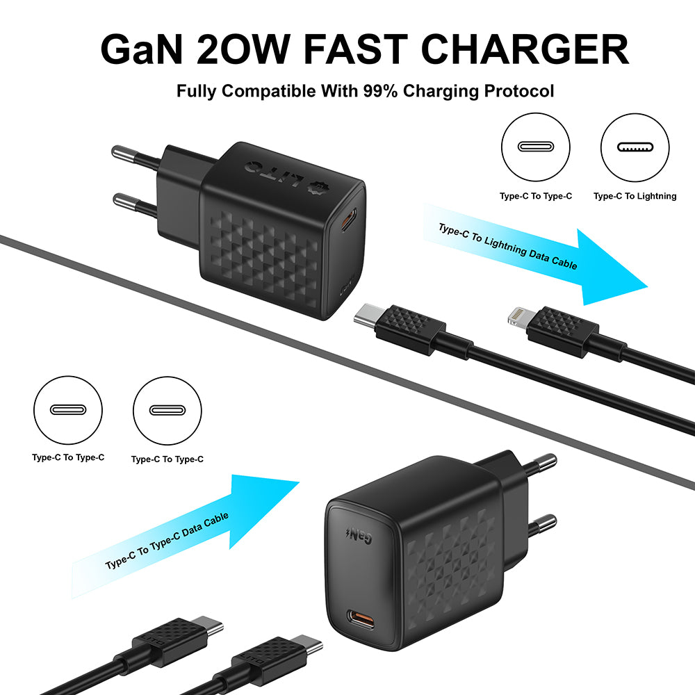 Nätverksladdare med USB-C-kabel Lito LC13T, 20W, 3A, 1 x USB-C, Svart