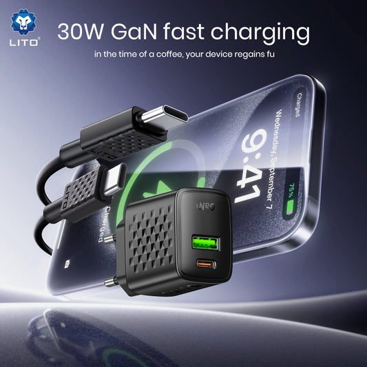 Nätverksladdare med USB-C-kabel Lito LC19T, 30W, 3A, 1 x USB-A - 1 x USB-C, Svart