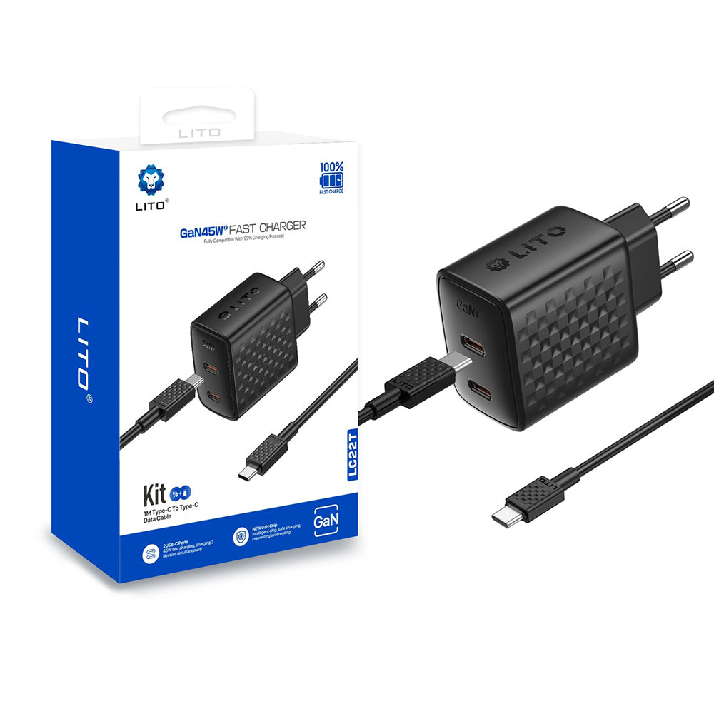 Nätverksladdare med USB-C-kabel Lito LC22T, 45W, 3A, 2 x USB-C, Svart
