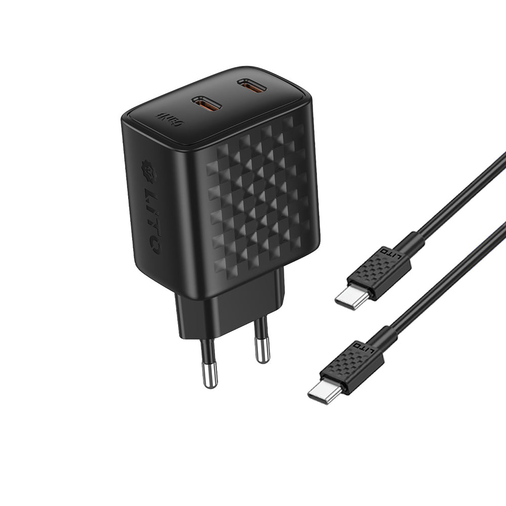 Nätverksladdare med USB-C-kabel Lito LC22T, 45W, 3A, 2 x USB-C, Svart