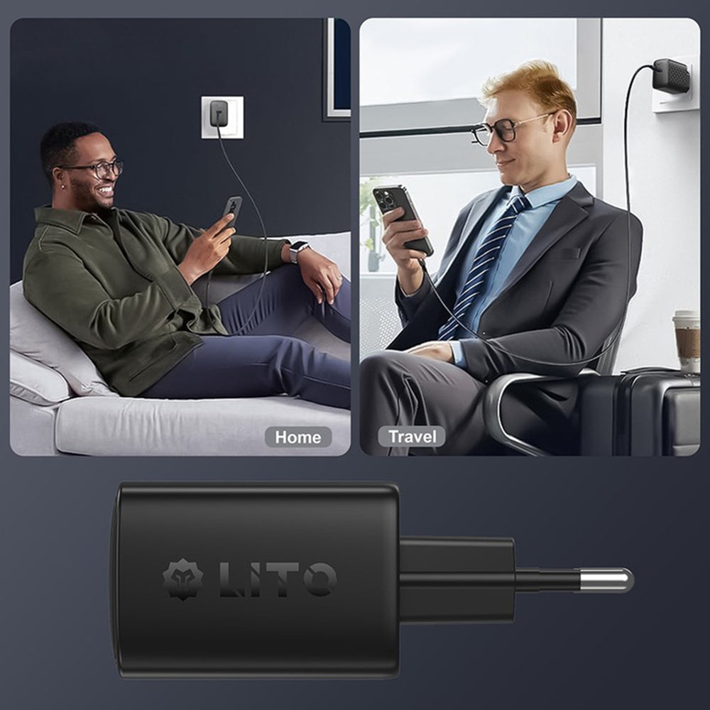 Nätverksladdare med USB-C-kabel Lito LC22T, 45W, 3A, 2 x USB-C, Svart